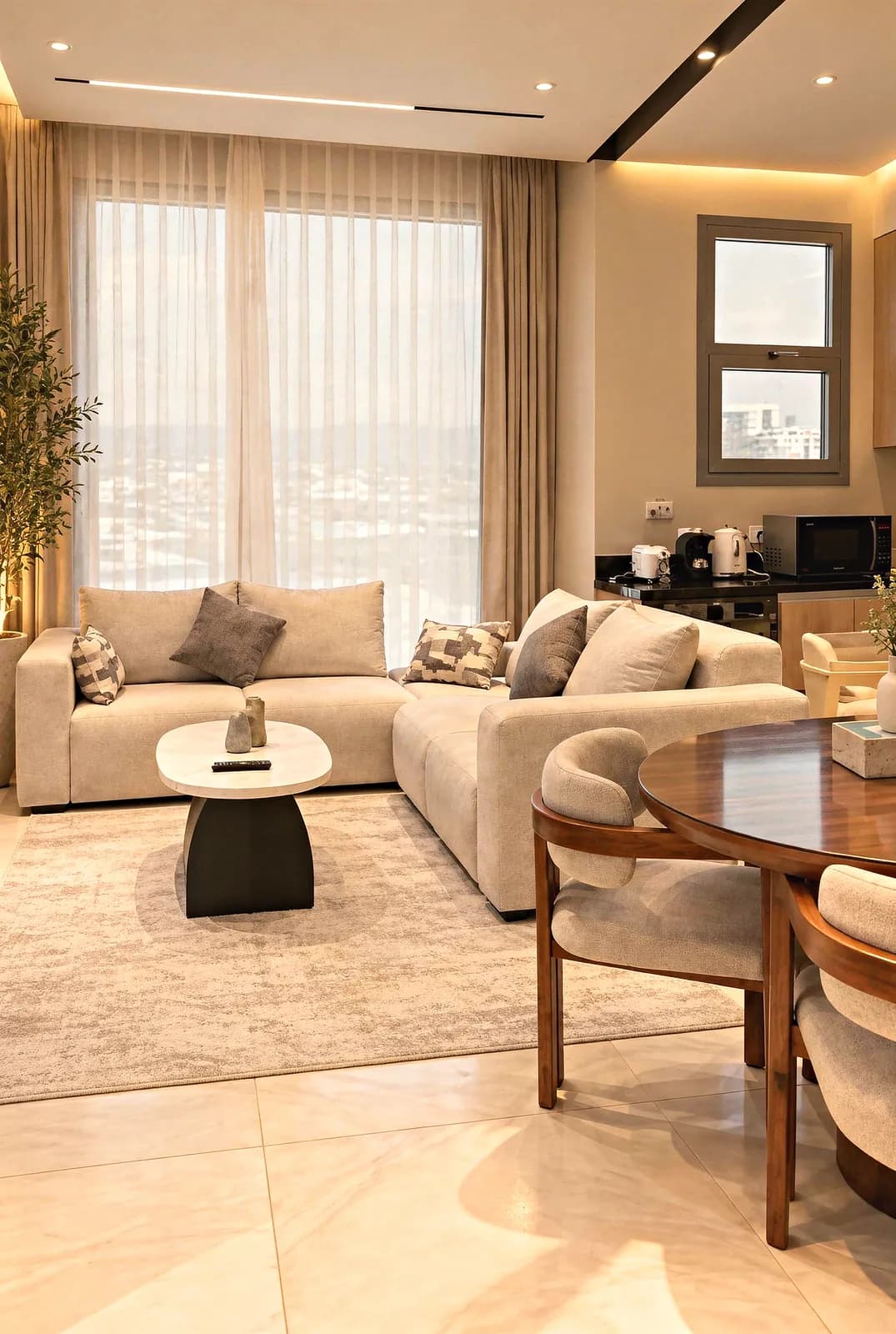 2-bedroom serviced apartment in JW Marriott Residences, Al Jazi — living and dining area