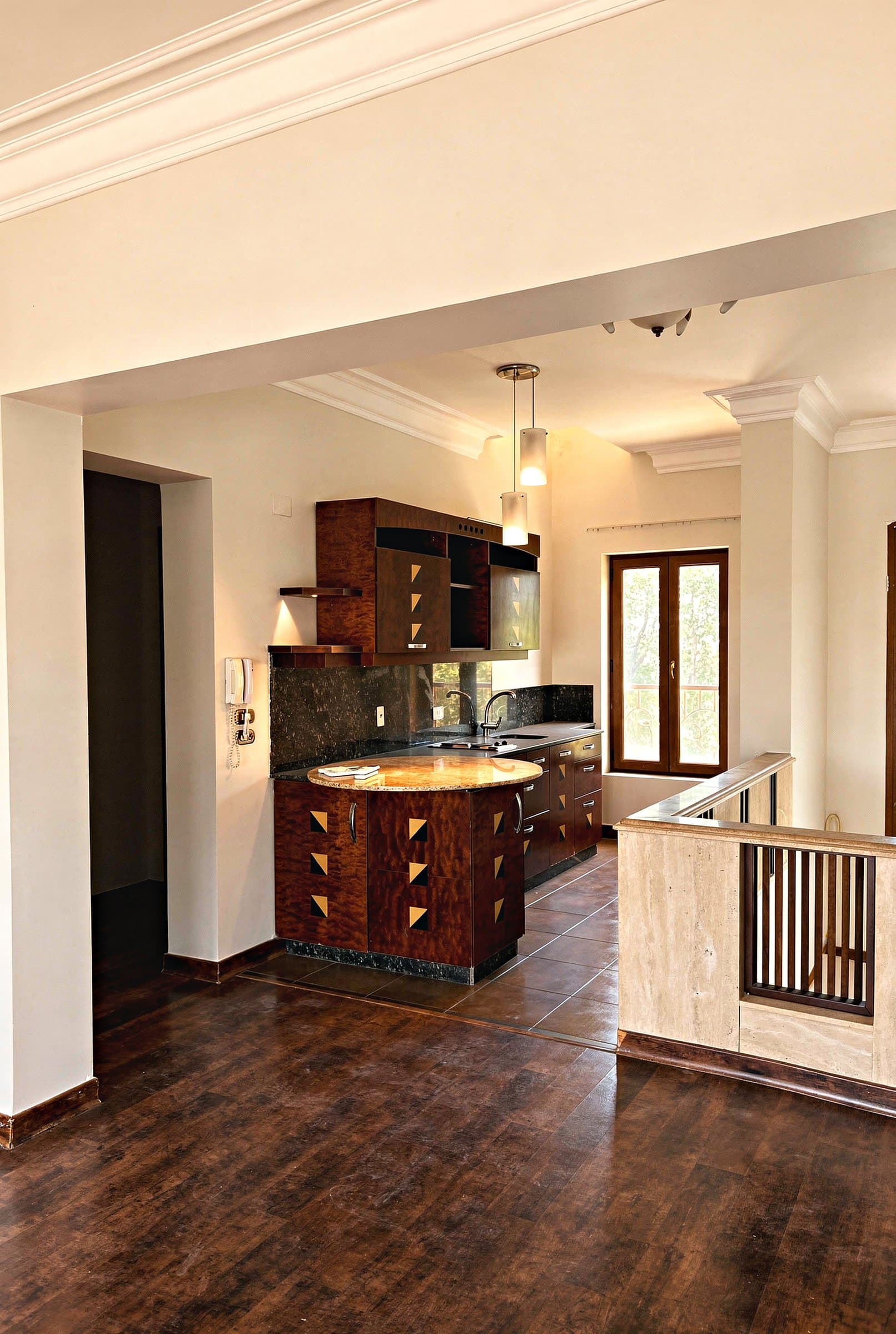 Dark wood kitchen with built-in cabinetry
